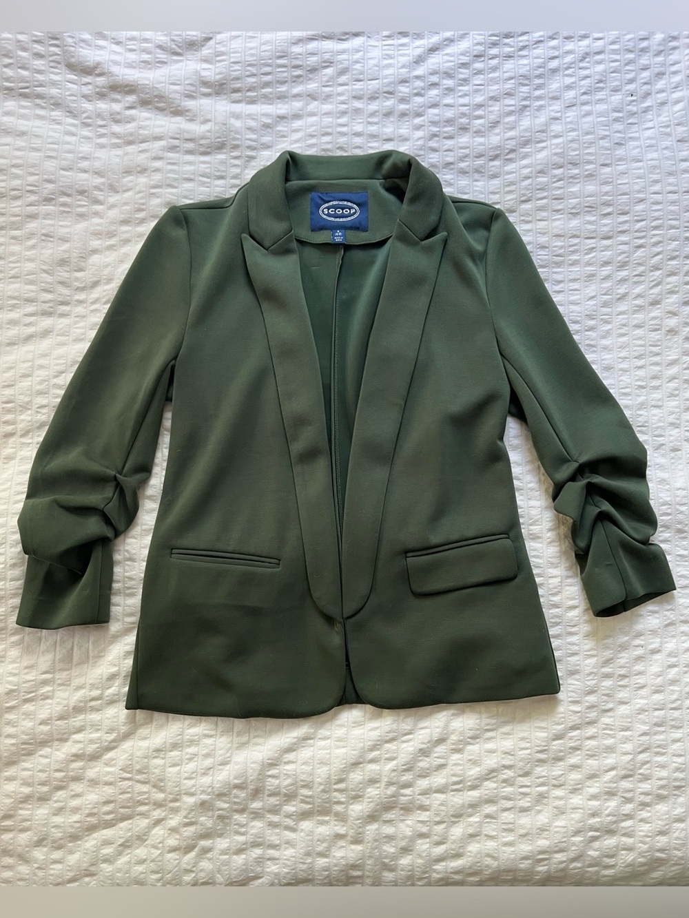 Scoop Green Shawl Collar Blazer with 3/4 Ruched Sleeves